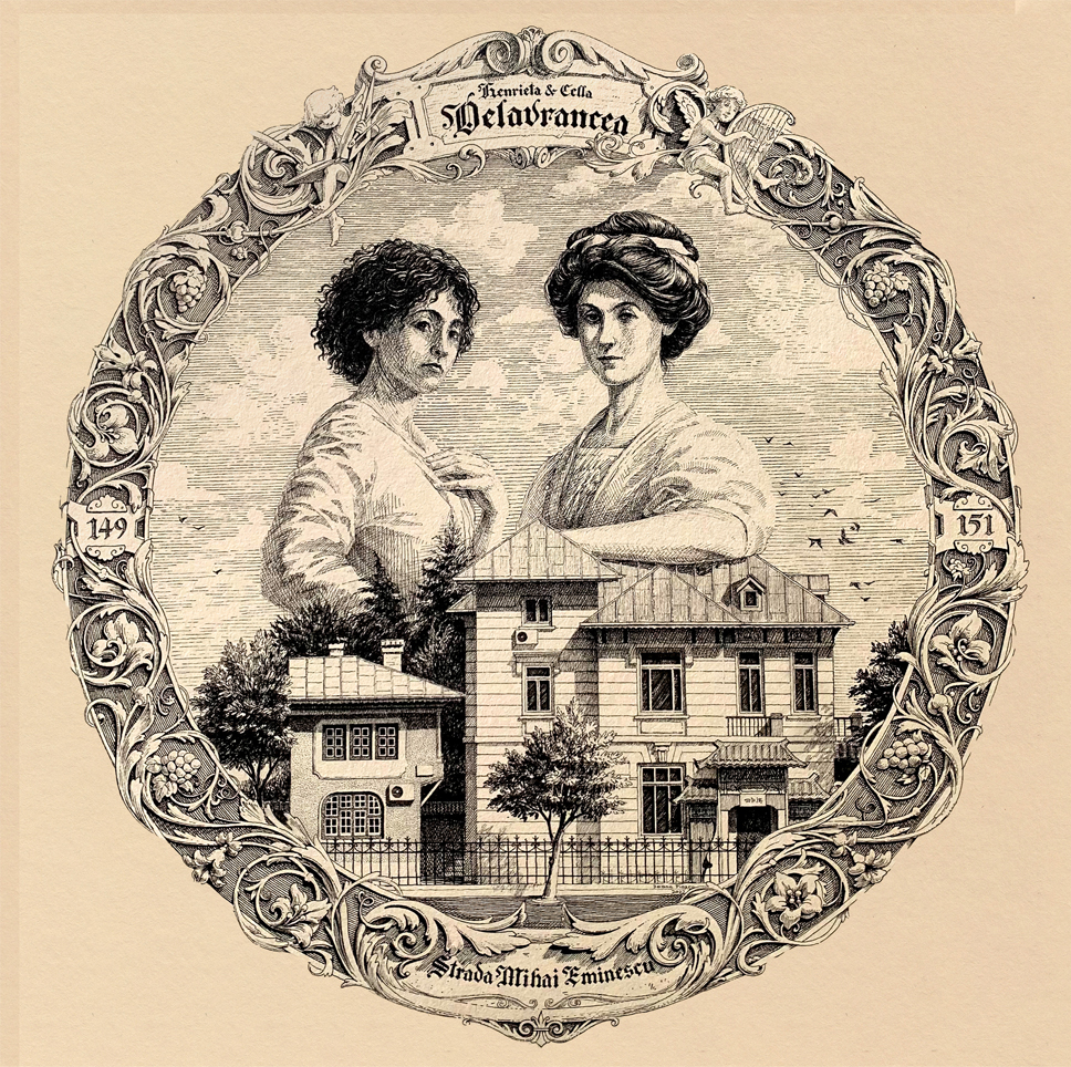 Ioana Pioaru - Henrieta & Cella Delavrancea, tus pe hartie, 30x30 cm, 2022