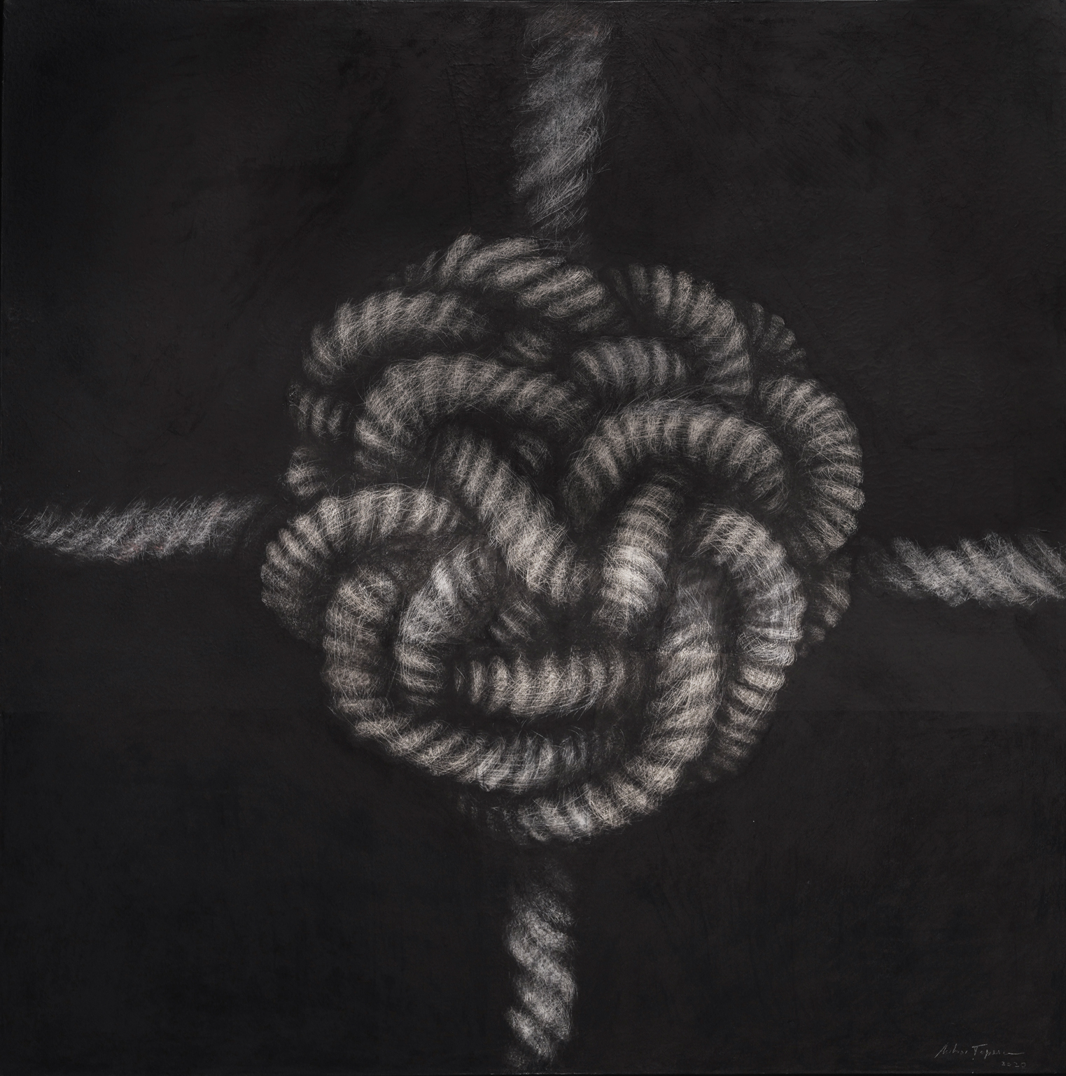 Mihai Țopescu Node 1” Scratch drawing on charcoal covered canvas 120 x120 cm, 2020